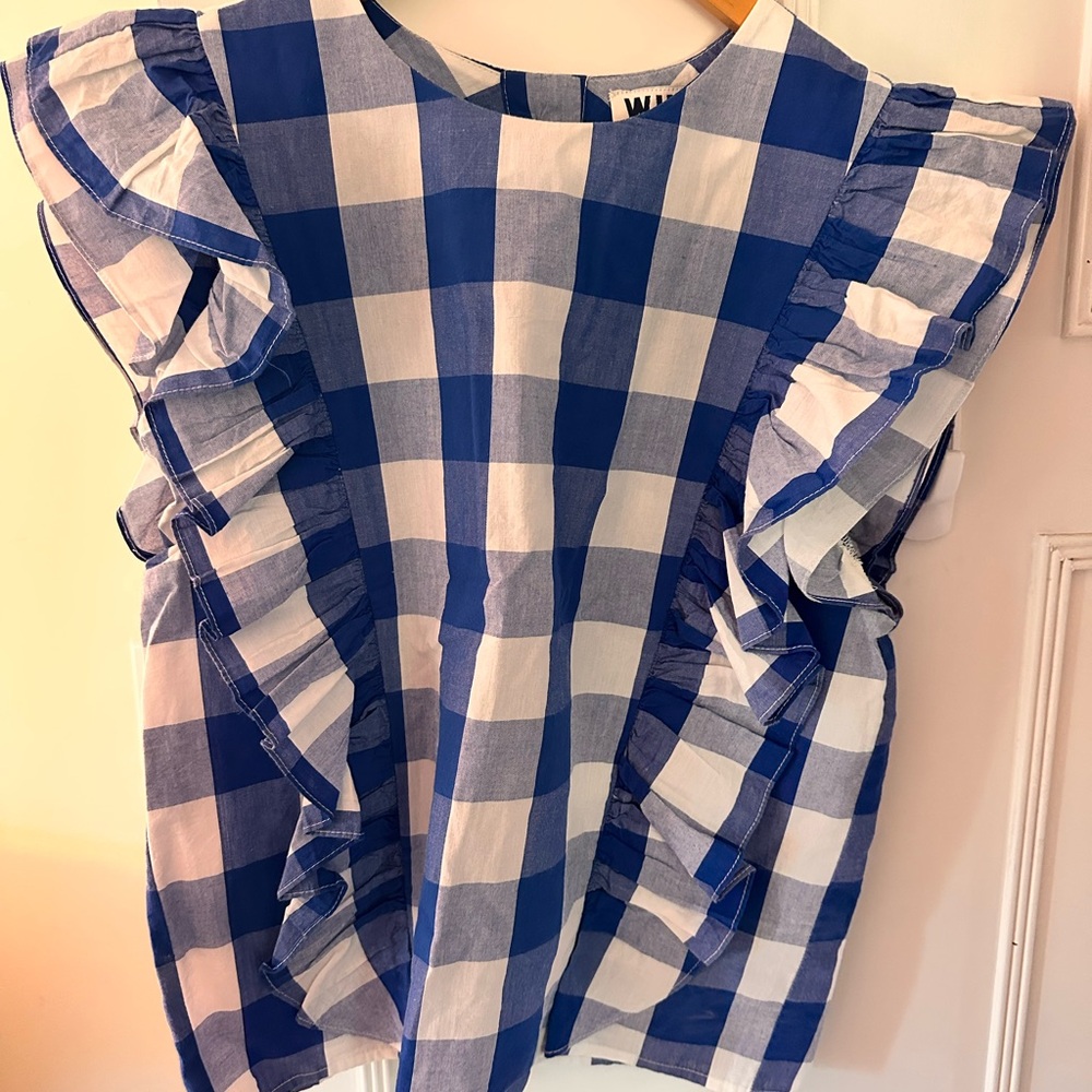 Blue Checkered Sleeveless Ruffle Blouse